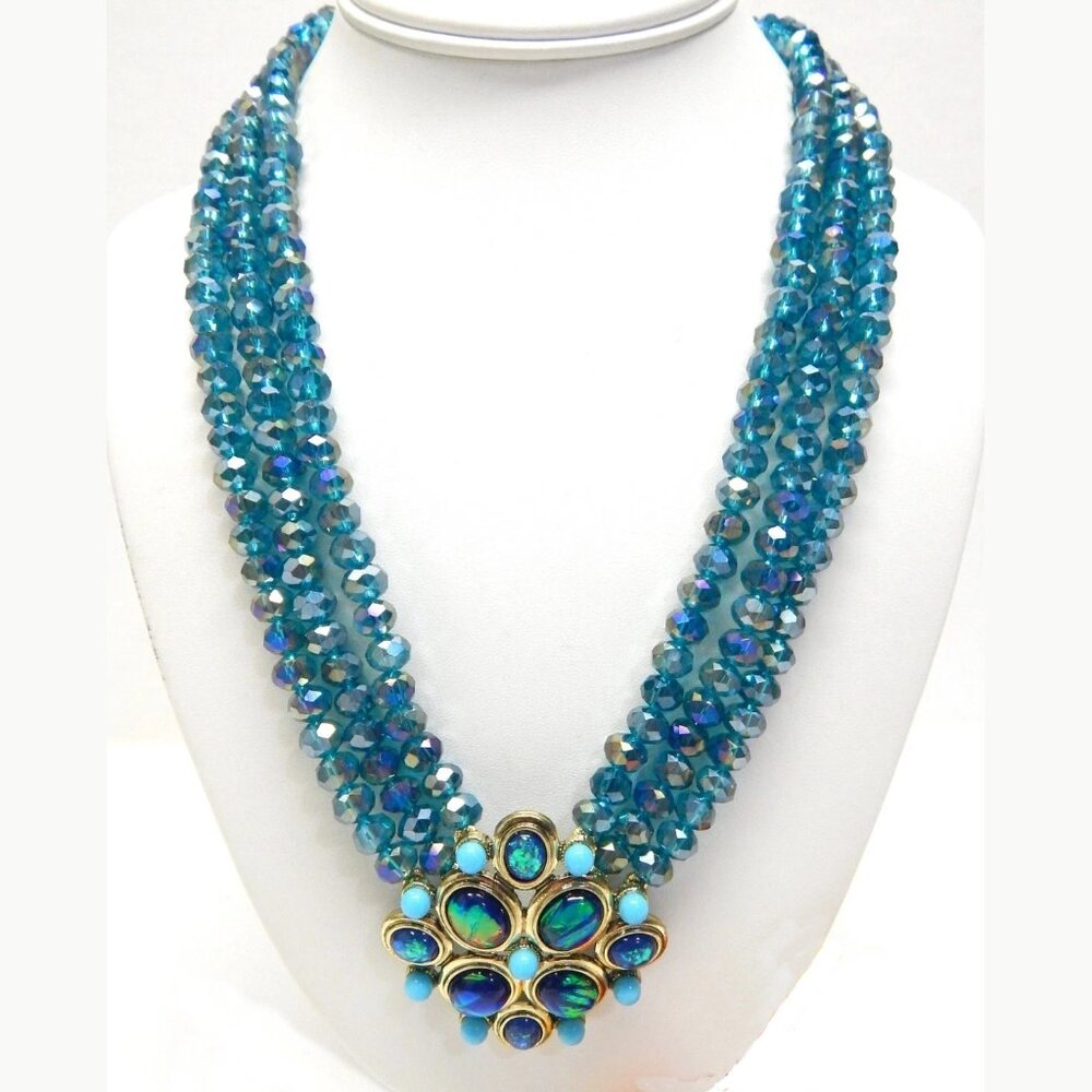 Heidi Daus Necklace 3 Strands Blue Green Swarovski Crystal Beads Signed 32460